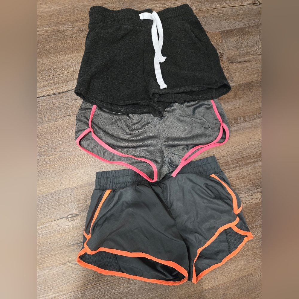 Women's Athletic Shorts Trio - Black, Gray with Pink, Gray with Orange